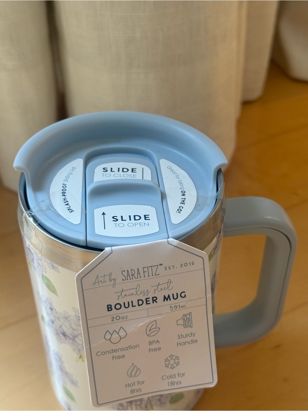 NWT Sara Fitz Floral Boulder Mug - Blue Hydrangea - water bottle - travel mug - Picture 2 of 3